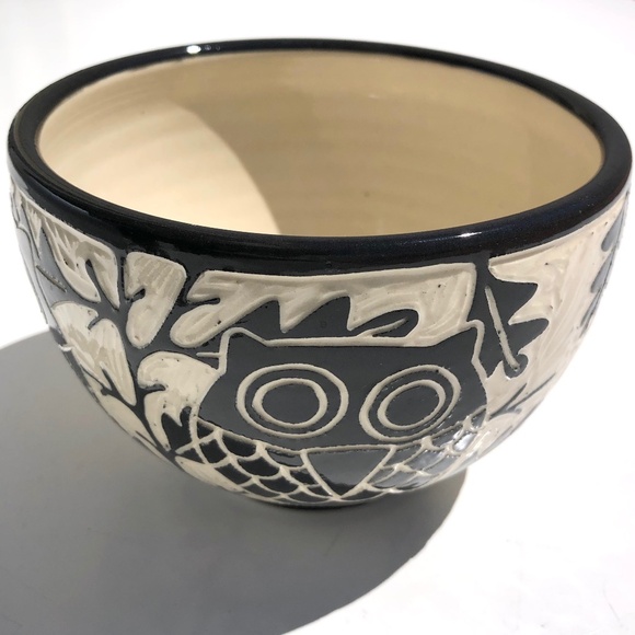 Jennifer Falter Art Pottery Owl Bowl Sgraffito Porcelain black white AS IS CHIP - Picture 11 of 14